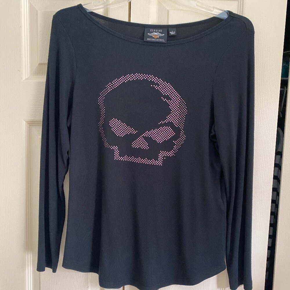 Harley Davidson Women's Large Black Knit Long Sleeve w/Pink Rhinestone Skull